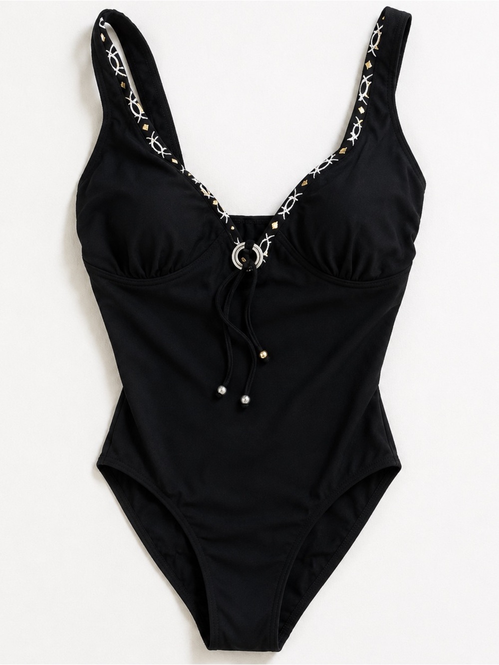 Black One Piece Swimsuit White & Gold Trim Size 12 NWOT